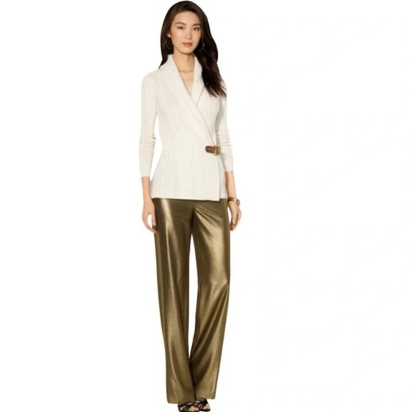 NWT Joie Women’s Coated Metallic Wide Leg Trousers in Black/Gold Size 12 - Picture 3 of 15